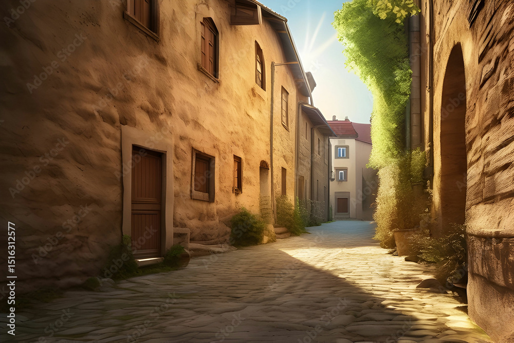 Fototapeta premium Sunlit Stone Alley in Old European Town