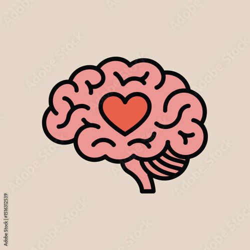Conceptual illustration of a human brain with a heart symbolizes love emotions and mental health awareness in an artful and modern design