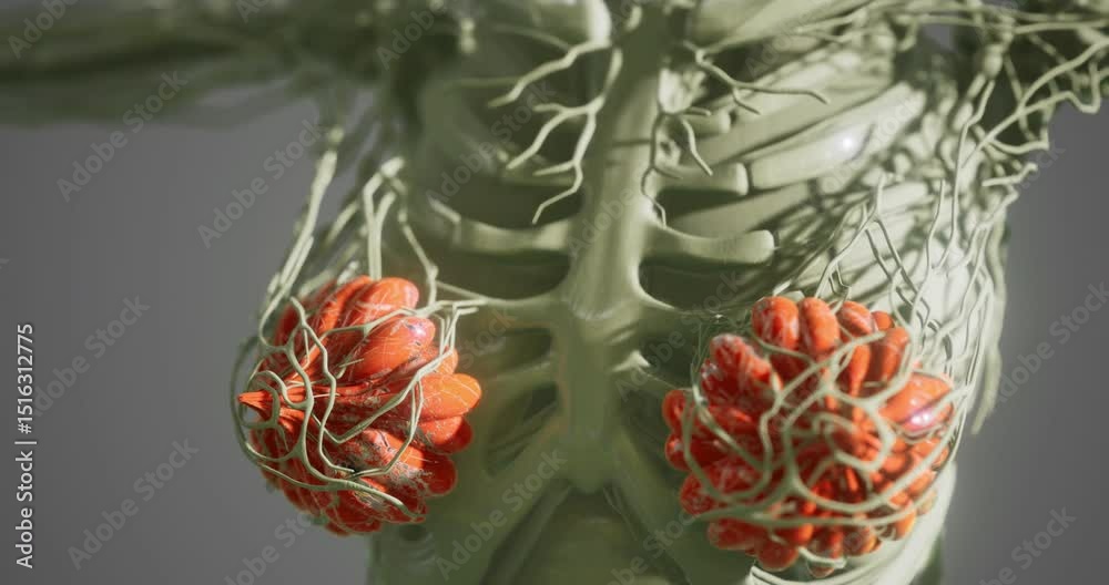 Mammary glands highlighted in a natural color setting, revealing the intricate network of tissues and blood vessels surrounding them, emphasizing their anatomical structure.