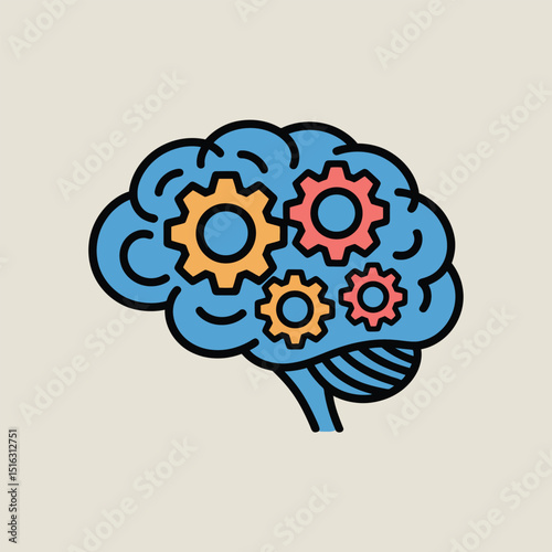 Conceptual illustration of a brain with integrated gears representing idea generation problem solving and cognitive function