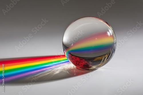 a rainbow-colored light beam passing through a crystal ball, splitting into a spectrum of vivid colors on a polished surface, captured in a high-end
