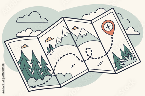 Stylized generic folded map with a dotted path highlighted from start to a destination marker, adventure and exploration journey gradients