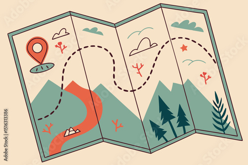 Stylized generic folded map with a dotted path highlighted from start to a destination marker, adventure and exploration journey gradients