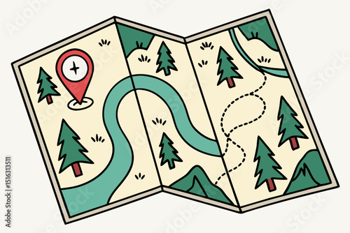 Stylized generic folded map with a dotted path highlighted from start to a destination marker, adventure and exploration journey gradients
