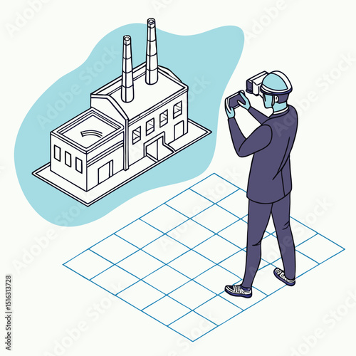Industrial engineer using virtual reality technology to visualize a factory building design and structure