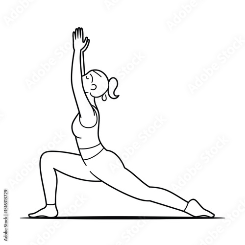 Vector illustration of a woman in a yoga pose practicing mindfulness and wellness for a healthy lifestyle and mental clarity with arms raised high in warrior pose