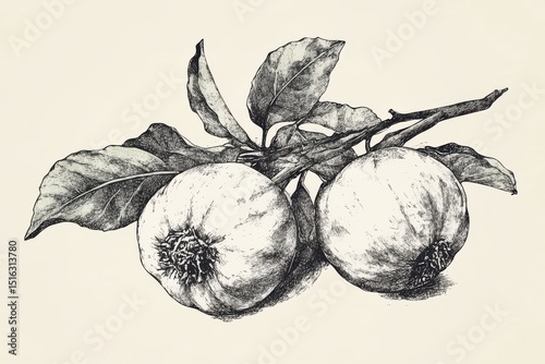 Two ripe peaches with leaves resting on a neutral background in delicate illustration style