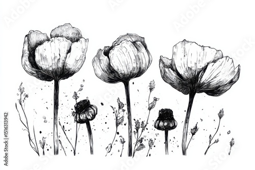 Beautiful black and white floral illustration featuring poppies and delicate leaves