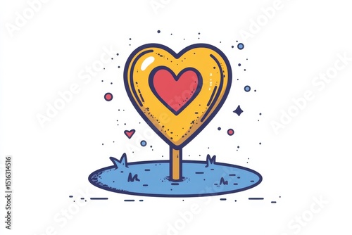 Colorful heart-shaped sign in a green field with blue background and decorative elements