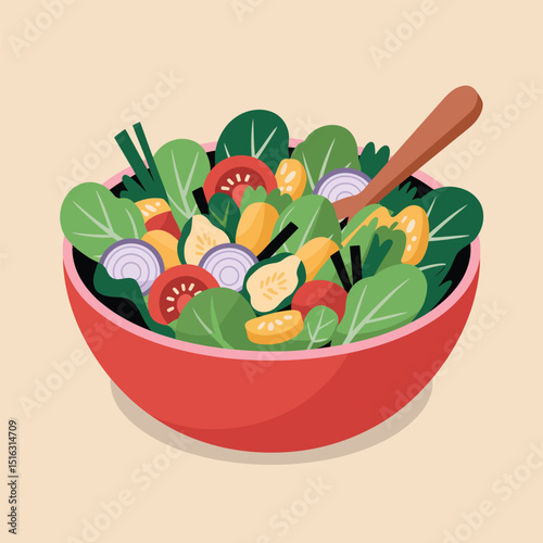 Fresh and vibrant salad bowl illustration featuring leafy greens tomatoes onions and a wooden spoon