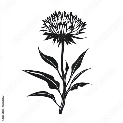 Stylized black and white illustration of a blooming flower.