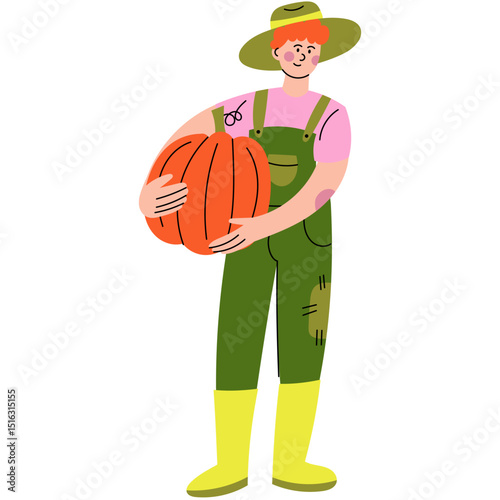 Male farmer holding a large pumpkin in his hands. Harvest season, autumn farming, and organic vegetable concept.
