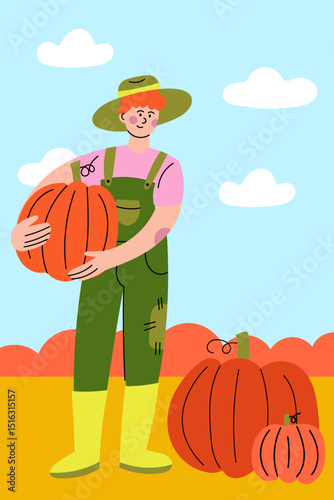 Male farmer holding a large pumpkin in his hands. Harvest season, autumn farming, and organic vegetable concept.