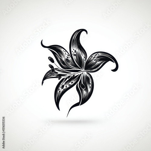 Stylized black and white flower illustration on a clean background.