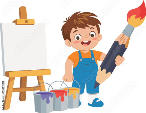 Creative Child Artist Holding a Giant Paintbrush with Easel and Colorful Paint Buckets, Perfect for Kids’ Art, Creativity, and Learning Concepts Illustration