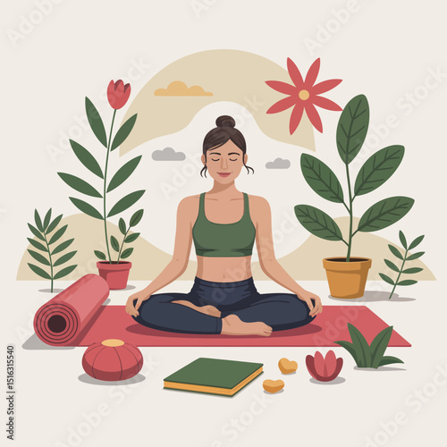 Peaceful illustration of a woman meditating in lotus position surrounded by flowers plants and yoga accessories practicing mindfulness for mental wellness