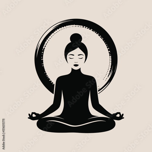 Silhouette of a meditating woman in lotus position in front of a zen circle representing peace and relaxation for mindfulness practices.