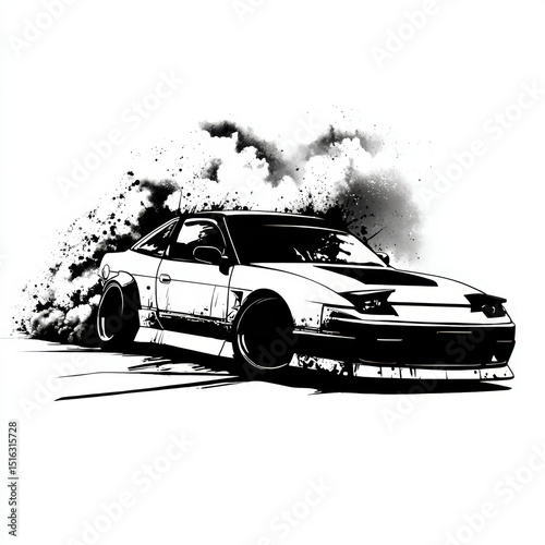 Stylish car drifting in a dramatic black and white illustration.