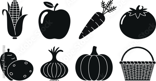 Black and white vector illustration of corn apple carrot tomato potato onion pumpkin and basket