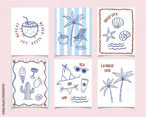 Hand draw summer posters collection. Crayon drawing style, Italian la dolce vita. Wall prints