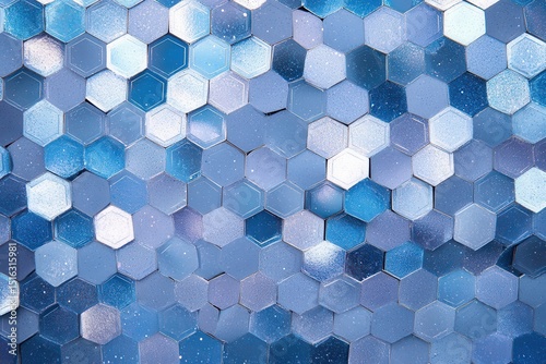 Unique hexagonal tiles create a stunning blue mosaic pattern on a decorative wall surface