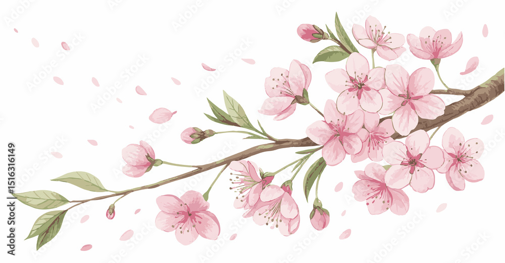 Fototapeta premium Pink Cherry Blossom Branch with Falling Petals on White Background