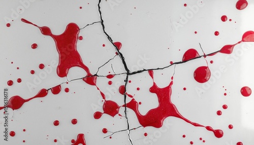 Red paint splatters on white surface with black cracks   photo