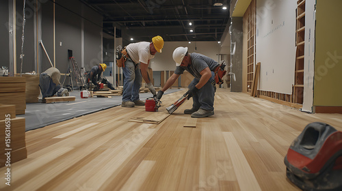 Workers Installing Hardwood Flooring in a Construction Site