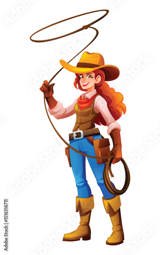 Cowgirl spinning lasso. Vector cartoon character illustration