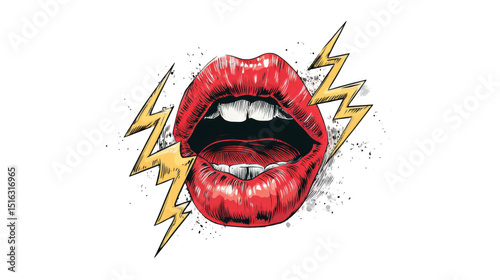 Open red mouth with lightning bolts on each side expressing anger, strength and power, ideal for protest and rock and roll concepts on a transparent background