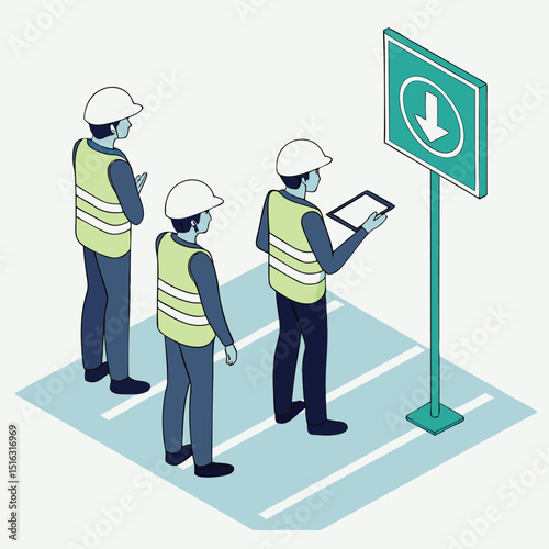 Three construction workers inspecting a downward arrow sign using tablet devices and safety vests