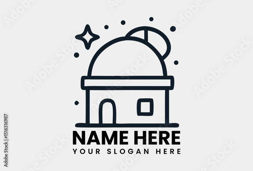Minimalist line art icon depicting an astronomical observatory building with a domed telescope and surrounding stars. Astronomy concept