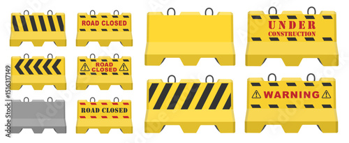 Realistic concrete road barrier icon symbol set. Road closed Traffic concrete barricades sign collection. Vector illustration image. Isolated on white background.