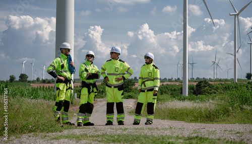 Maintenance engineer team standing at windmills at wind turbine farm. Group of people wear safety helmet and uniform working at alternative renewable energy wind station. Sustainable energy technology