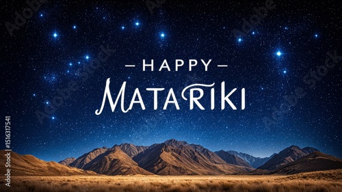 Happy Matariki Concept. Starry Night Sky Over New Zealand Mountains Celebrating Matariki Festival