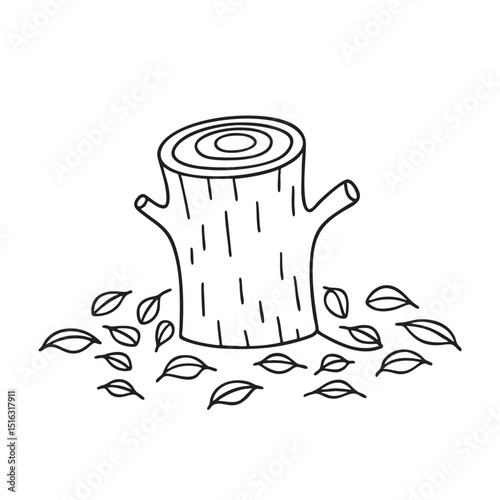 A tree trunk amid scattered autumn leaves
