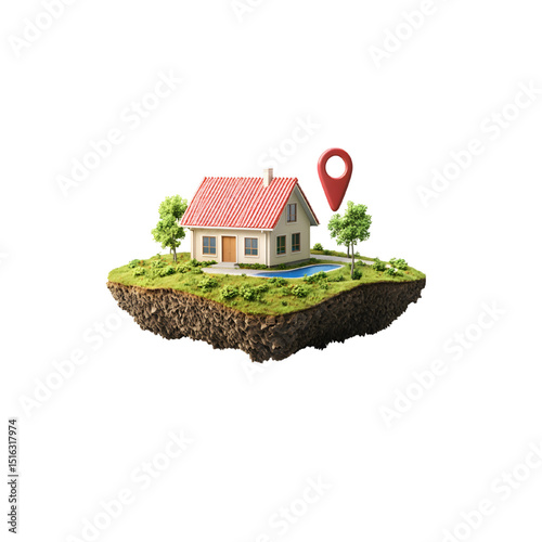 Real estate location, house with a map pin on a floating plot of land isolated on a transparent background