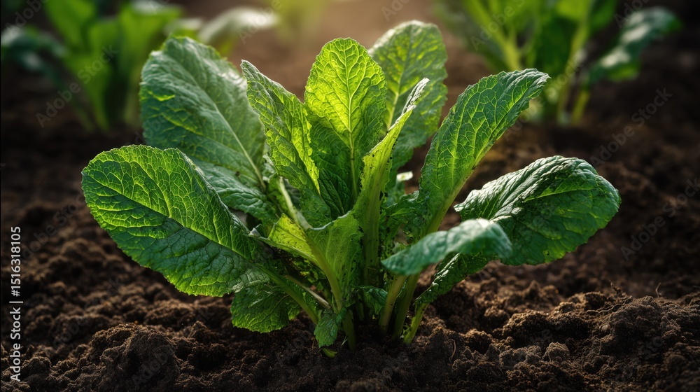 National Horseradish Month. Horseradish plant growing in rich soil, large green leaves, garden setting, morning sunlight filtering through National Horseradish Month. Horseradish plant growing in rich soil, large green leaves, garden setting, morning sunlight filtering through