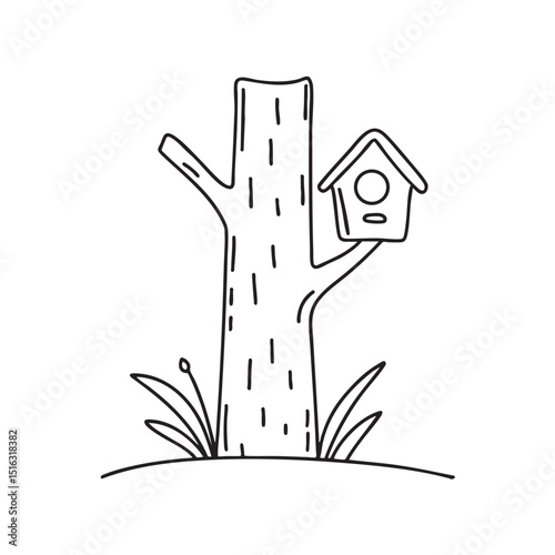 A tree trunk with a birdhouse attached