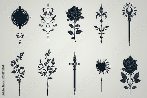 Decorative black symbols featuring roses, spears, and other floral designs on a light background