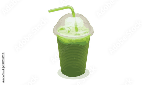 Iced Mint Margarita in a Plastic Glass with a Green Straw, Realistic Mint Margarita Illustration on a white background