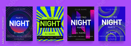 Summer Music Festival. Set of abstract backgrounds with circles, lines. Geometric templates for dance parties, disco, club invitations, covers, banners. Neon house music pattern. Vector illustration.