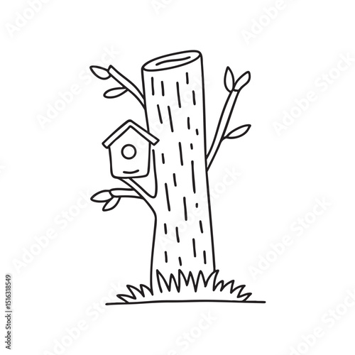 A tree trunk holding a birdhouse on its side
