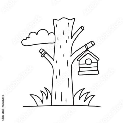 A birdhouse mounted on the tree trunk