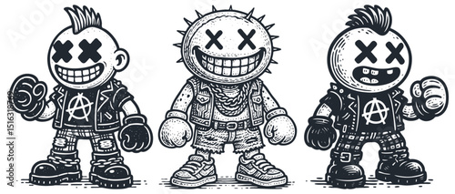 Monochrome vector set of three punk rock cartoon characters. Edgy design with X-eyes, mohawks, anarchy symbols, and wide grins. Cool sketch style.