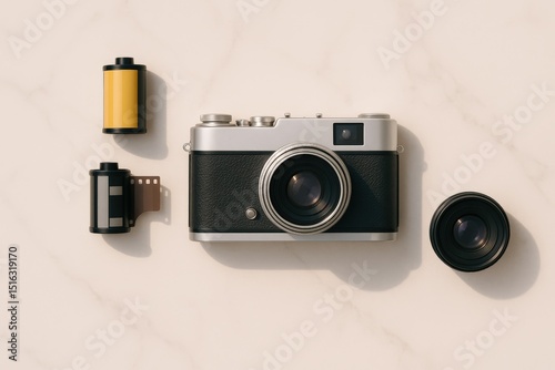 Vintage camera flat lay with film rolls and lens on marble background for retro photography