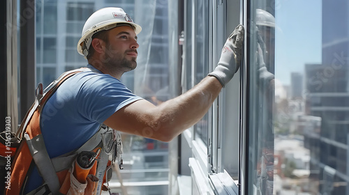 Worker in safety gear cleaning windows on a high-rise building