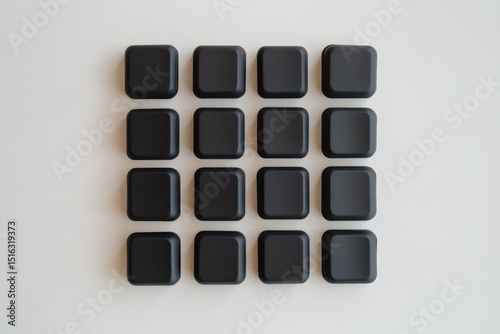 Black square buttons arranged in a grid on a light surface