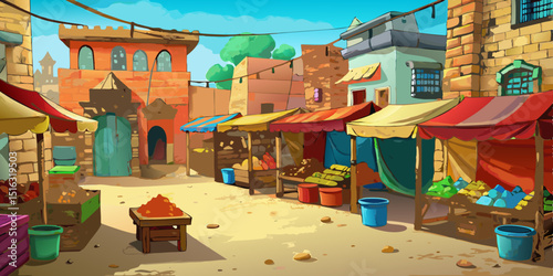 Market Mosaic: Empty Stalls in a Colorful Urban Bazaar