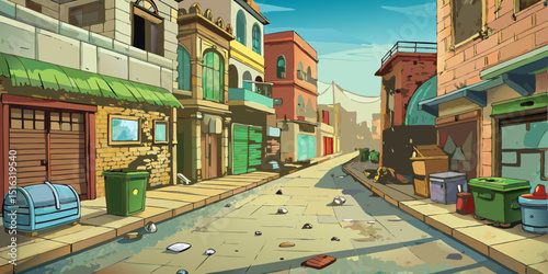  Flat illustration of an empty Karachi heritage street with colonial-style buildings, faded paint, hand-painted Urdu signs, mid-morning light, and minimal shadows, in a clean vector style